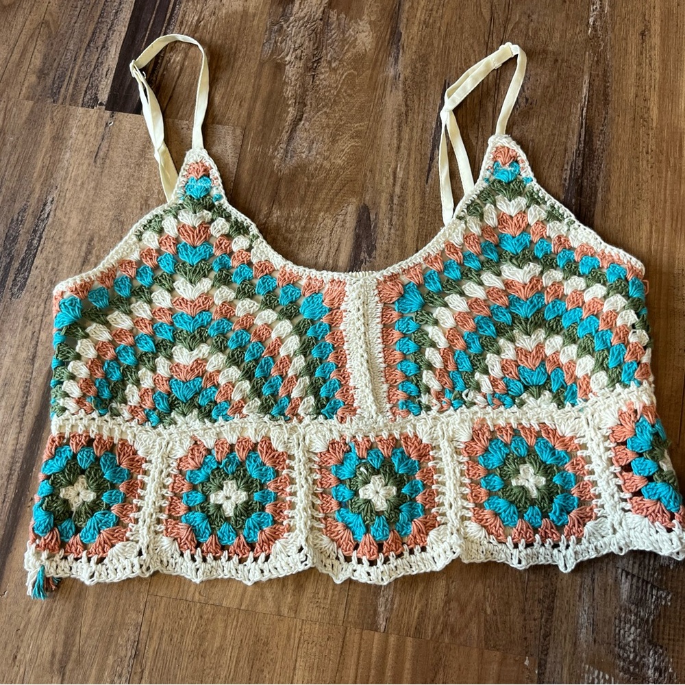 OG collective M Crochet Knit Macrame Multicolor Boho crop Top Bralette Shirt